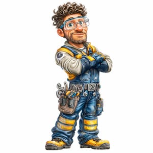 May include: A cartoon illustration of a male construction worker with curly brown hair, a beard, and safety glasses. He wears a blue and yellow jumpsuit, work boots, and a tool belt. His arms are crossed, and he has a friendly expression.