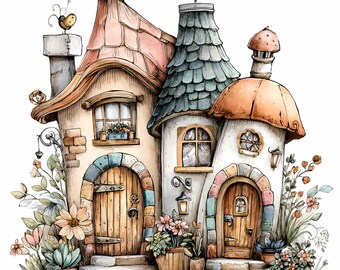 15 PNG Fairy House Clipart, Whimsical Mushroom Cottage Floral Graphics