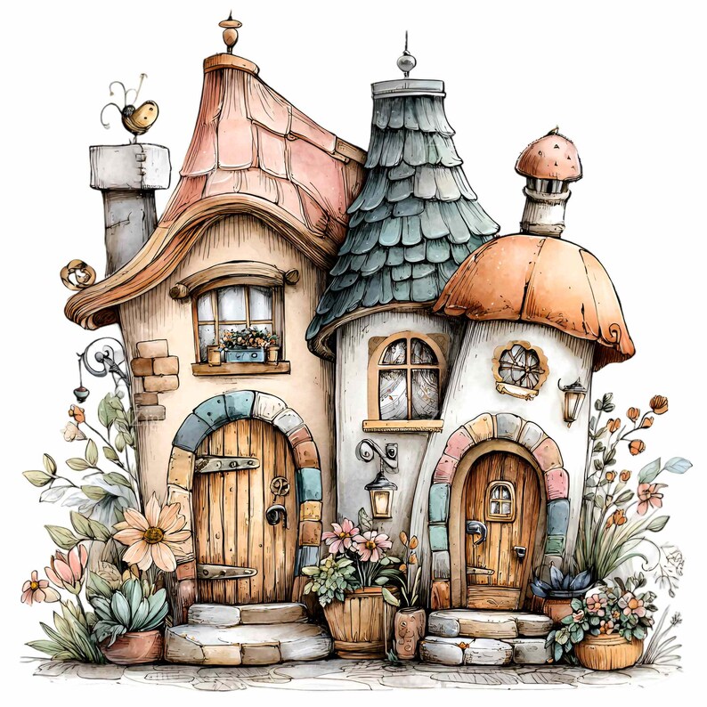 15 PNG Mushroom House Clipart, Fairy Cottage Watercolor Garden ...