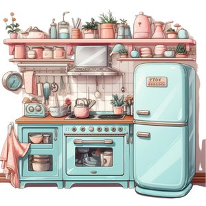 24 Retro Pastell Küche PNG Clipart, Vintage blauer Kühlschrank & Herd mit rosa Akzenten, digitaler Download, Küche Clip Art