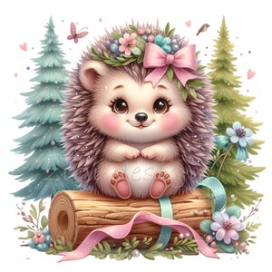 15 Niedliche Igel Clipart PNG – Waldtier mit Blumenkrone, rosa Schleife & Waldbäumen – Pastell Digital Art