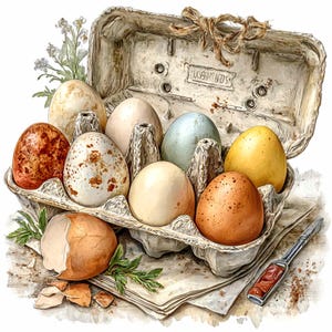 May include: A watercolour illustration of an egg carton holding ten eggs in different colours and patterns. The eggs vary from speckled brown to pale blue and yellow. A broken eggshell and a small knife sit on a stack of paper beside the carton. The carton is tied with twine.