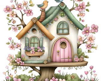 16 PNG Aesthetic Birdhouse Clipart – Cute Bird House PNG – Pastel Spring Art for Cards, Stickers, Scrapbooking & Nursery Decor