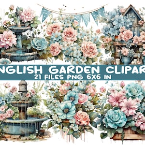 21 png-bestand voor Engelse tuin, png | Vintage bloemenwaterverfset | Rustieke bloemen en fontein | Cottage-sublimatiebundel