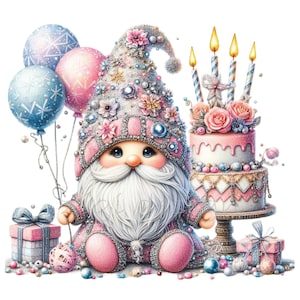 Birthday Gnome Clipart, 15 PNG Watercolor, Junk Journal, Card Making, Gift Tag, Teacher Shirt, Digital Images Sublimation Printable