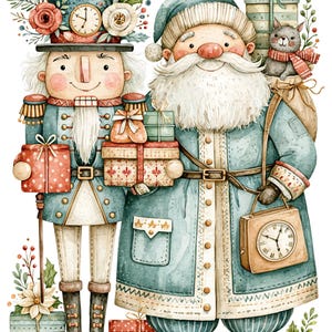 Puede incluir: Una ilustración en acuarela de un cascanueces y Santa Claus. El cascanueces viste un uniforme azul y un sombrero con un reloj. Santa viste un abrigo azul, lleva un saco con un gato y un bolso con forma de reloj. Ambos sostienen cajas de regalo.