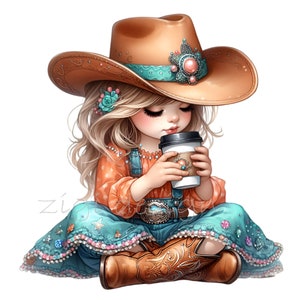 15 vaqueras clipart PNG - linda chica con sombrero occidental con café arte digital - ilustración rústica del país descargar