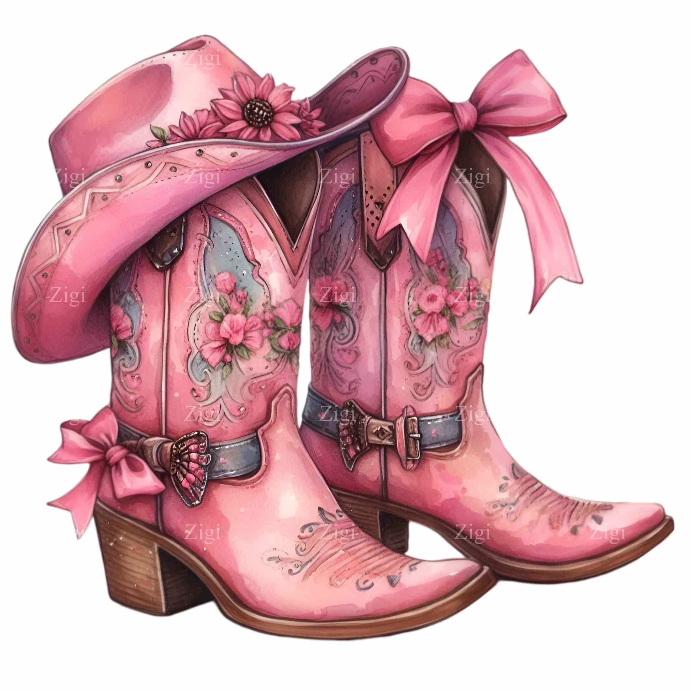 12 Pink Cowboy Boots and Hat PNG Clipart, Western Boots With Pink Bows ...
