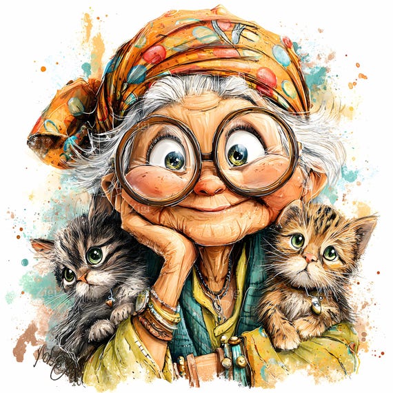 cat dressed as old lady 12 JPG Grandma With Cats Clipart, Illustration, Kitten Art Print Dog