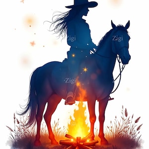 Silueta de vaquera (16 imágenes JPEG): Caballo y fogata. Escena nocturna del oeste para decoración de pared, decoración rústica, descarga digital.