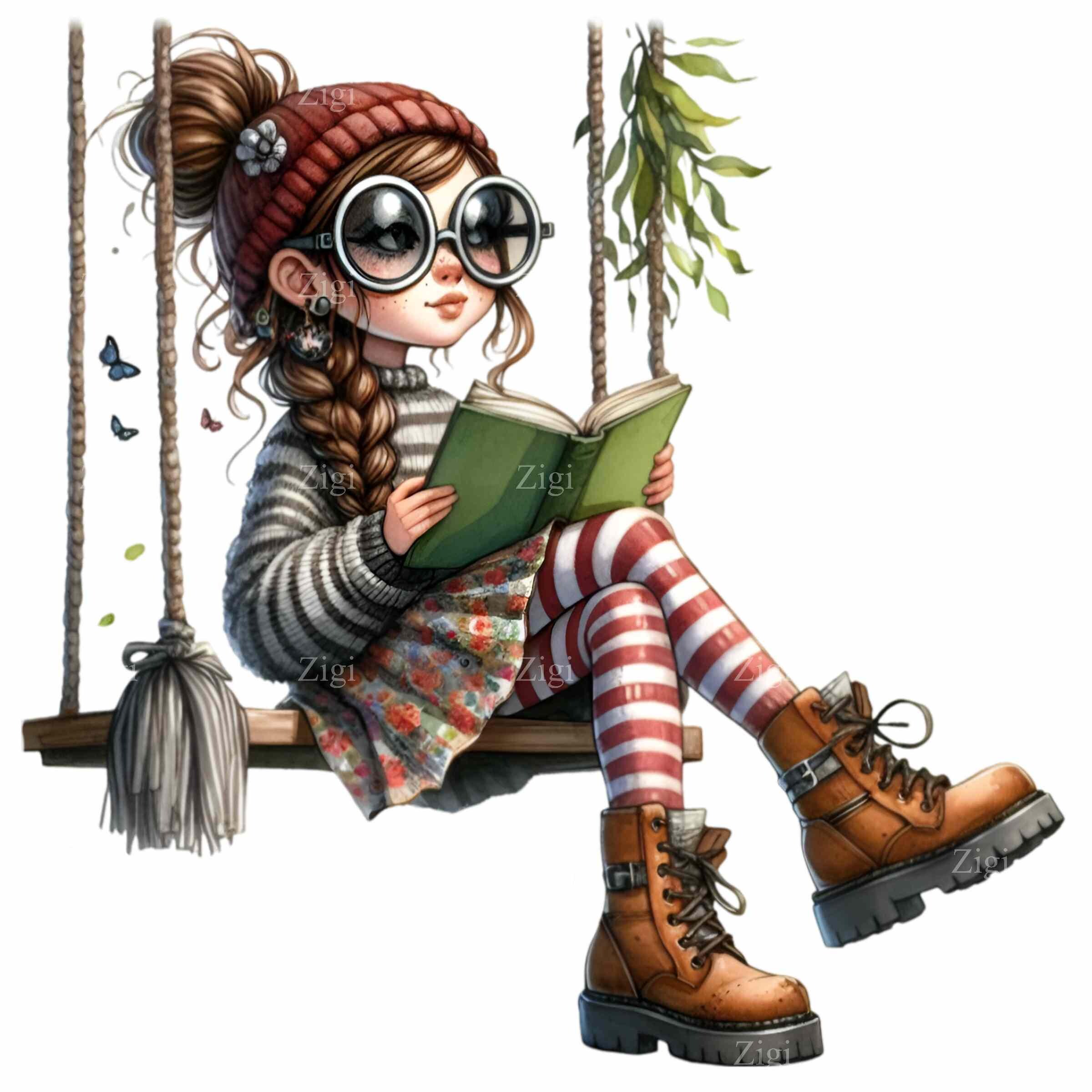 12 PNG Reading Girl Bookworm on Swing, Back to School Clipart - Etsy