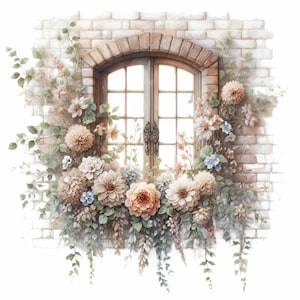 Puede incluir: Una ventana de estilo vintage con un marco de ladrillo blanco está adornada con una guirnalda exuberante de flores delicadas en tonos de rosa, blanco y verde. Las flores caen en cascada por los lados de la ventana, creando una escena romántica y caprichosa.