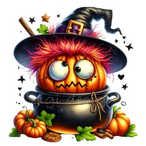 ハロウィーンのカボチャの魔女のクリップアート 10 PNG、大釜の中の不気味なカボチャのイラスト、楽しいハロウィーンアート、即時ダウンロード
