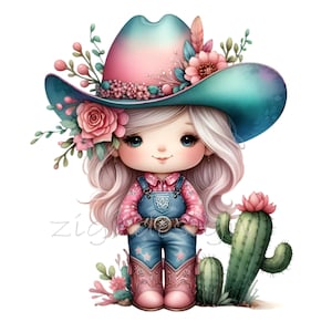 14 Cowgirl Cactus PNG Clipart | Adorable fille en tenue western avec cactus | Art numérique à la ferme