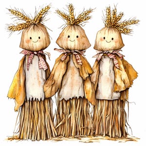 27 JPEG Cute Corn Husk Doll Clipart JPEG - Smiling Harvest Characters with Wheat Hair & Plaid Scarves - Fall Festival Printable Art