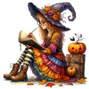 15 Halloween Witch Clipart PNG, Strega autunnale carina con libro, Download digitale fantasy