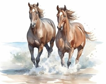 20 JPEG 走る馬のクリップアート – 水彩画の野生の馬の群れ JPG 西洋