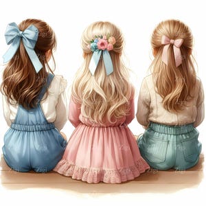 12 JPEG Clipart di ragazze con vista posteriore – Fiocco per capelli con abito pastello JPG – Illustrazione carina per bambini per stampe per la cameretta dei bambini e disegni per scrapbooking