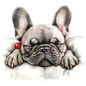 16 JPEG Sleeping French Bulldog Clipart - Adorable Dog Resting on Pillow with Red Collar, Pet Illustration, JPG Download