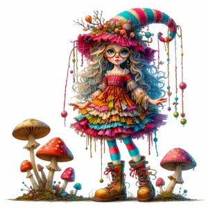 12 PNG Garota cogumelo caprichosa – Bruxa de fantasia PNG – Clipart de floresta colorida para arte de quarto infantil, artesanato ou design de decoração mágica