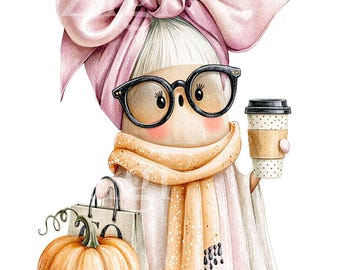 12 PNG Pink Ghost Coffee, Iced Latte Shopping Bag Halloween Graphic Art
