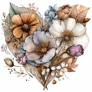 May include: Watercolor illustration of a heart-shaped floral arrangement. The design features a variety of flowers in shades of white, orange, purple, and blue, with brown leaves and stems. The artwork has a soft, romantic feel.