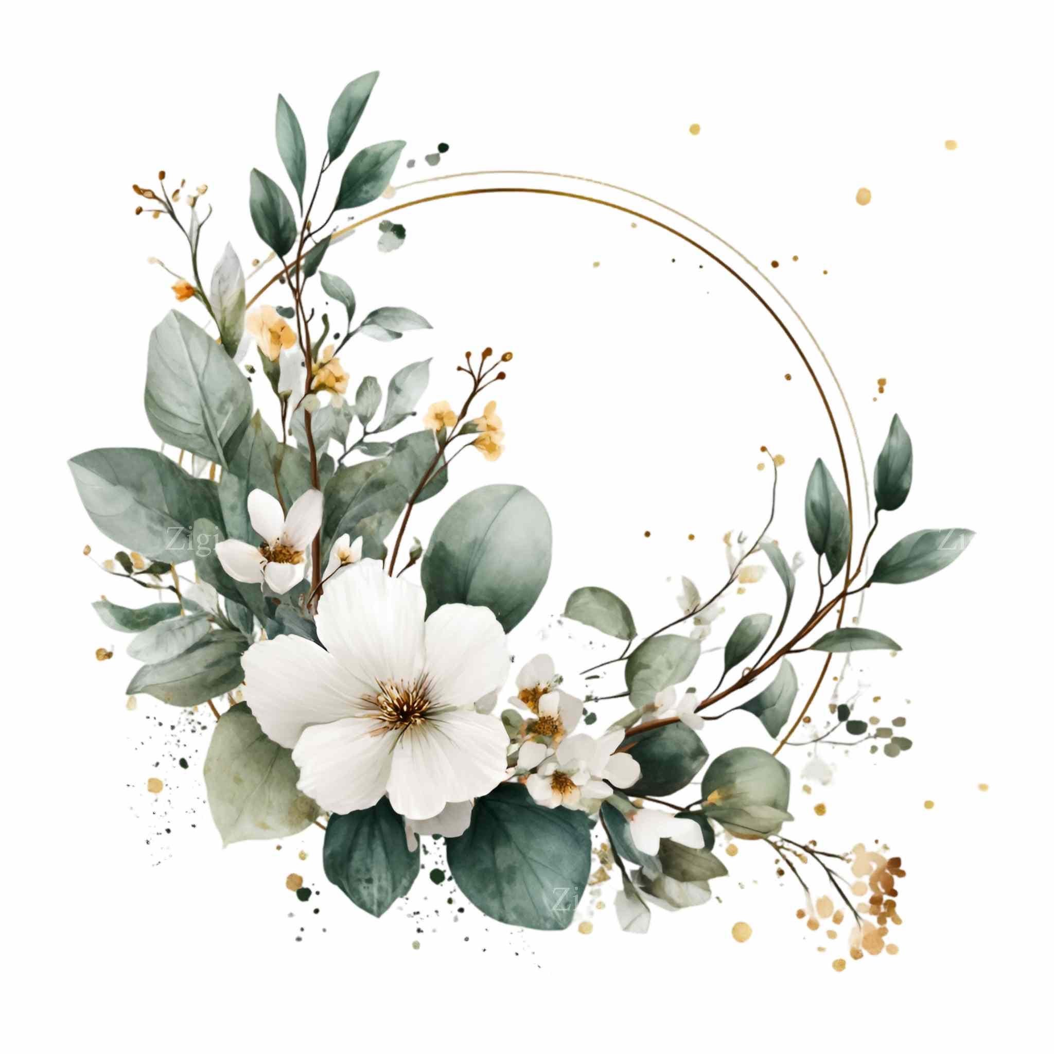 16 PNG Floral Wreath Clipart – Greenery Circle Frame With White Flowers ...