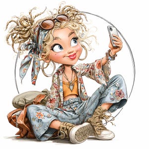 15 JPEG Selfie girl clipart – Cartoon teen JPG – Fun digital art for planner pages, scrapbooking, journaling, crafts