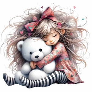 14 Cute Girl Abraçando Teddy Bear PNG, Ilustração Infantil Caprichosa, Laços Pastel e Clipart de Corações