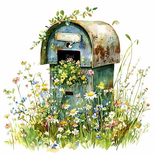 28 JPEG rustieke brievenbus clipart JPG – Vintage brievenbus met wilde bloemen, overwoekerde tuin bloemen lente scène illustratie