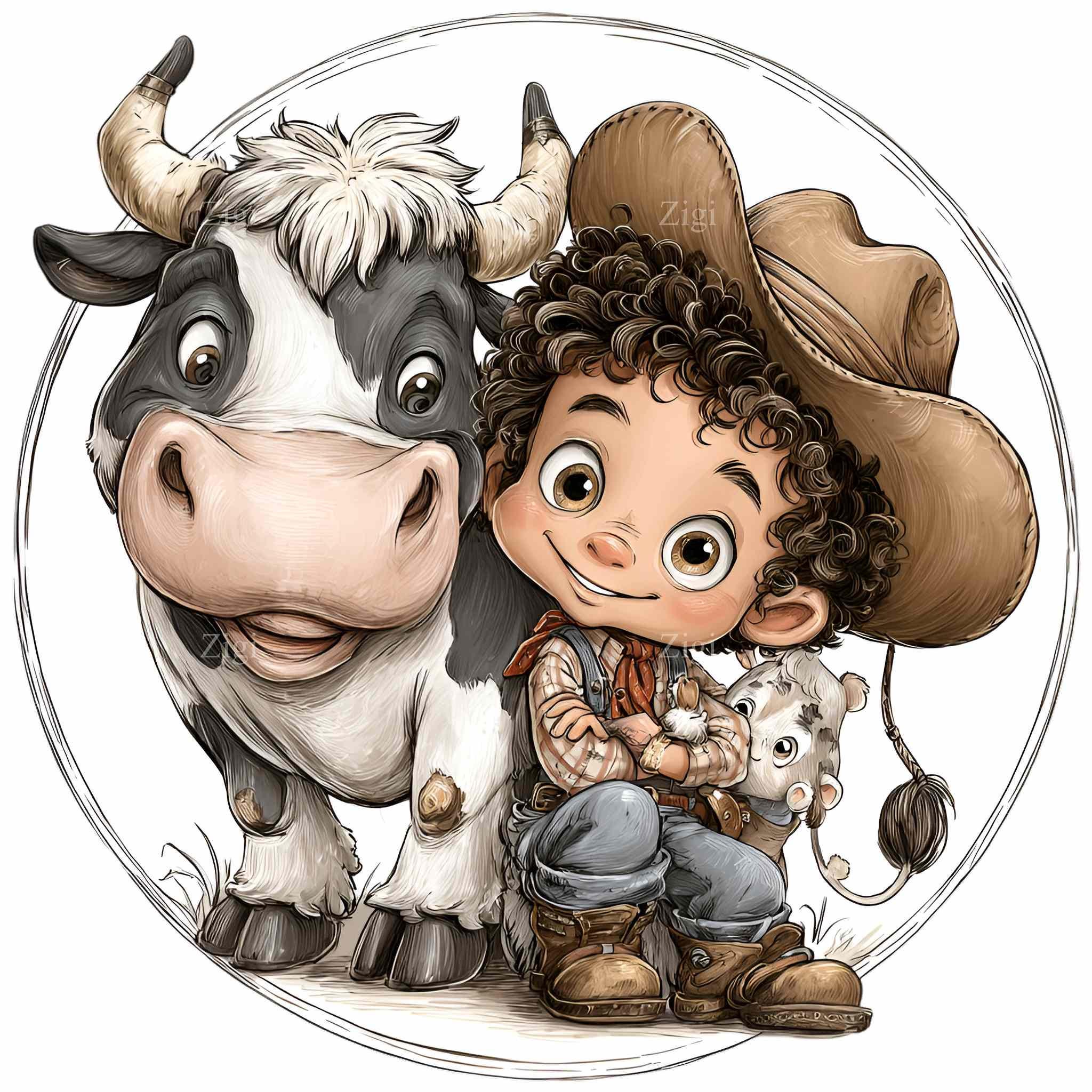 10 PNG Western Farm Clipart – Cowboy Boy Riding Cow PNG – Kids Nursery ...
