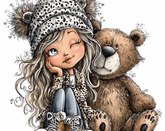 15 imágenes prediseñadas de niña oso grizzly: linda ilustración PNG para decoración de habitaciones infantiles, arte mural para guarderías, camisetas, tazas, pegatinas y manualidades