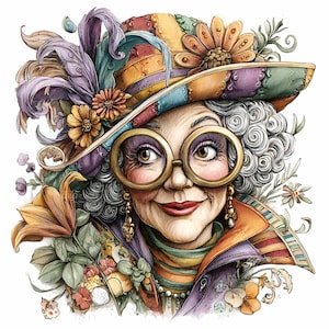 10 PNG Colorful costume lady – Whimsical old woman PNG clipart – Vintage fashion art for party prints, crafts and character decor