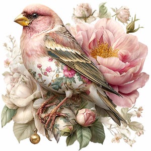 May include: A digital illustration of a pink bird with a yellow beak, perched amidst large pink peonies and smaller white flowers. The bird's body is adorned with floral patterns. A gold-colored charm hangs below.
