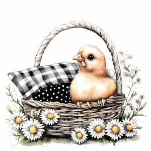20 PNG Pisklę w Wiklinowym Koszyku PNG Clipart, Wiosenny Wiejski Dom Wielkanocny Dekor, Rustykalne Kwiatowe Cyfrowe Pobieranie