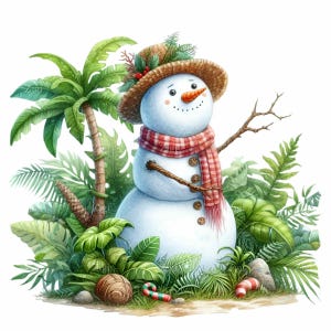 15 Tropical Snowman PNG – Beach Christmas Clipart – Zabawna świąteczna sztuka zimowa do sublimacji, kart, koszulek, rzemiosła