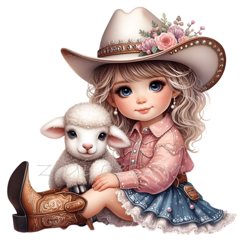 This delightful PNG clipart features a charming cowgirl dressed in a detailed western outfit, complete with a floral cowboy hat and boots, sitting beside an adorable lamb. Perfect for crafting, digital designs, or farm-themed projects.