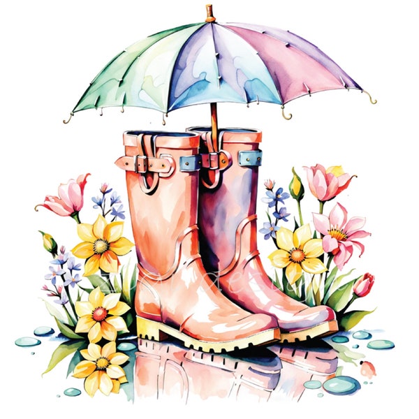 Rain Boots Clipart Bundle, 20 PNG Watercolor Umbrella Rubber Boots Pastel Colors Flower, DIY Mother's Day, Teacher Gift