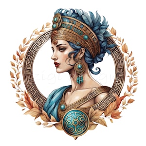 15 Clipart déesse grecque PNG - élégante femme ancienne aux cheveux bleus et casque doré, art numérique de la mythologie
