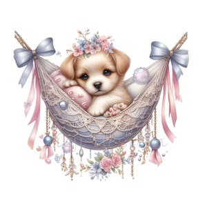 10 cliparts PNG chiot dans un hamac en dentelle - chien mignon avec couronne de fleurs, rubans, perles, art animalier pastel pour chambre d'enfant