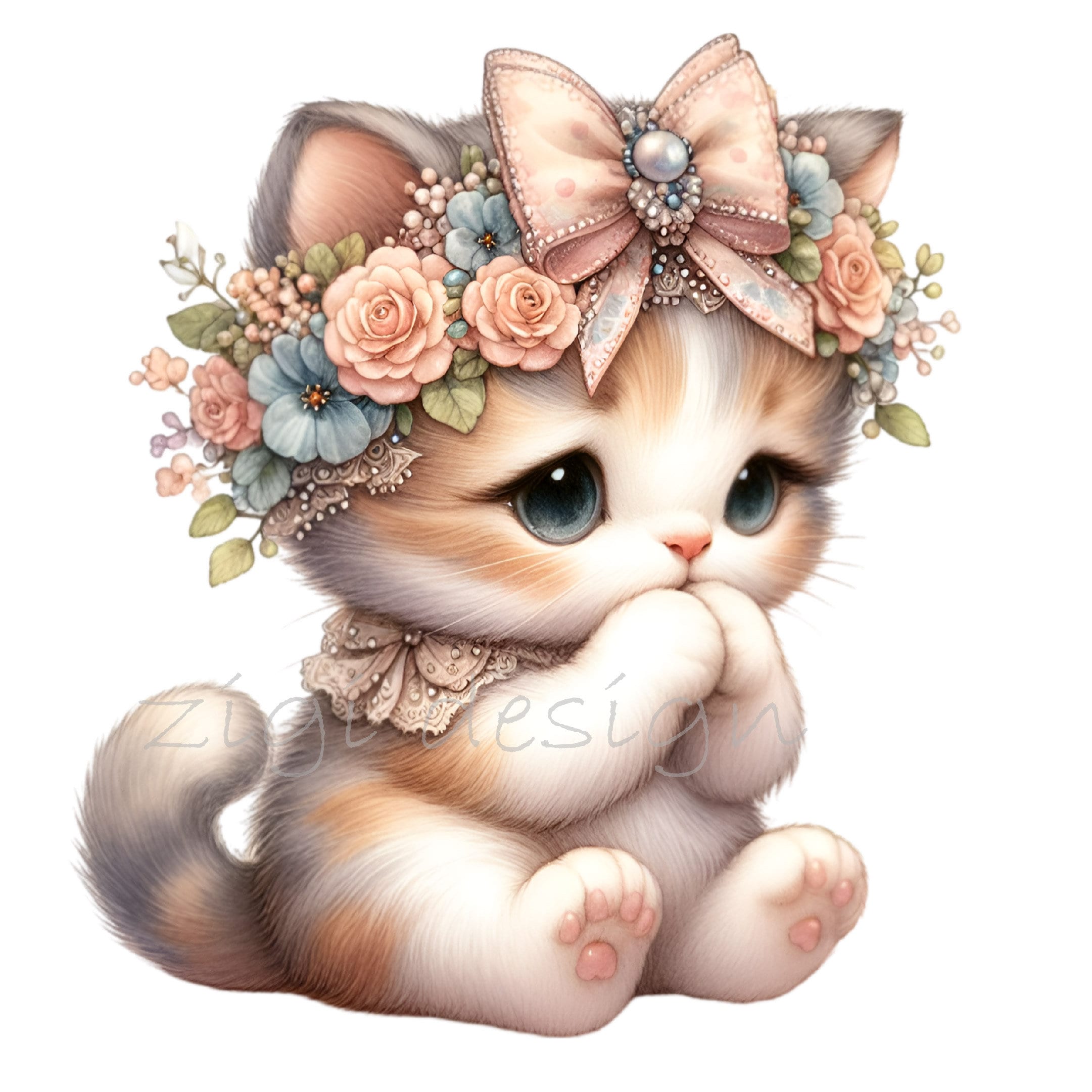 12 PNG Floral Kitten Clipart – Cute Cat PNG – Baby Animal Illustration ...