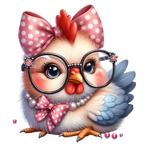 15 adorables pollitos PNG Clipart: lazo de lunares, gafas y collar de perlas - Obra de arte digital caprichosa