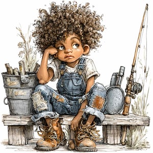 Może przedstawiać: Ilustracja młodego człowieka z kręconymi włosami, ubranego w dżinsowe ogrodniczki i brązowe buty, siedzącego na drewnianej ławce. W pobliżu znajduje się wędka i skrzynka wędkarska. Osoba wydaje się zamyślona, opierając podbródek na dłoni.