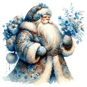 15 Clipart de Papai Noel Azul PNG – Pai Natal elegante com roupão floral, sacola de presente e buquê de inverno, ilustração vintage de feriado