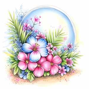 28 JPEG Helle Blumen Clipart mit Rosa, Blauen und Weißen Blumen, Grünen Blättern, Aquarell Blüte Blumenstrauß JPG für Frühlings Dekor Projekte