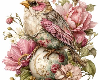 12 PNG Floral bird clipart – Spring pink bird, vintage flowers prints, cards & Easter decor