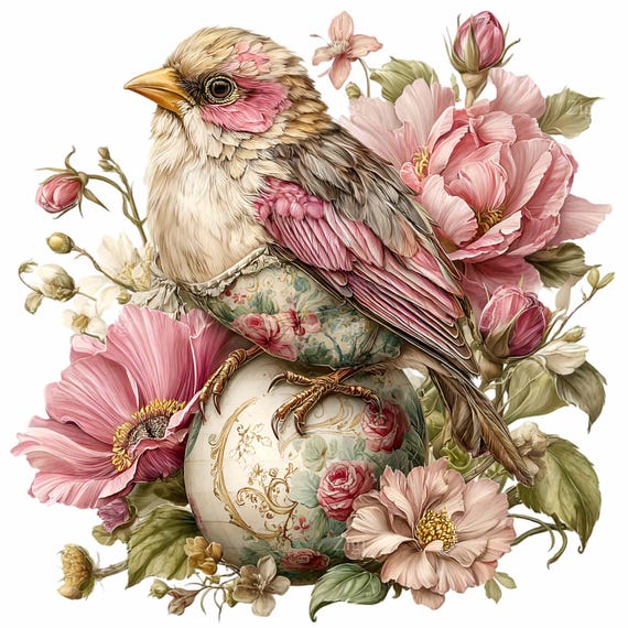 12 PNG Floral bird clipart – Spring pink bird, vintage flowers prints, cards & Easter decor