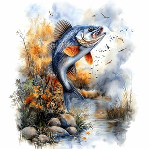 29 JPEG springende vissen clipart JPG | Grote zoetwatervis springend uit de herfstrivier met bosachtergrond | Visserijkunstillustratie