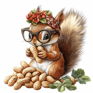 12 süßes Eichhörnchen PNG Clipart - entzückendes Eichhörnchen mit Brille, Blumenkranz und Himbeeren - digitaler Download