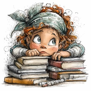 Può includere: Illustrazione di una ragazzina con capelli rossi ricci e lentiggini, che indossa un foulard blu, appoggia il mento su una pila di libri. La ragazza ha grandi occhi blu e un'espressione pensierosa. Ci sono delle matite sul tavolo.